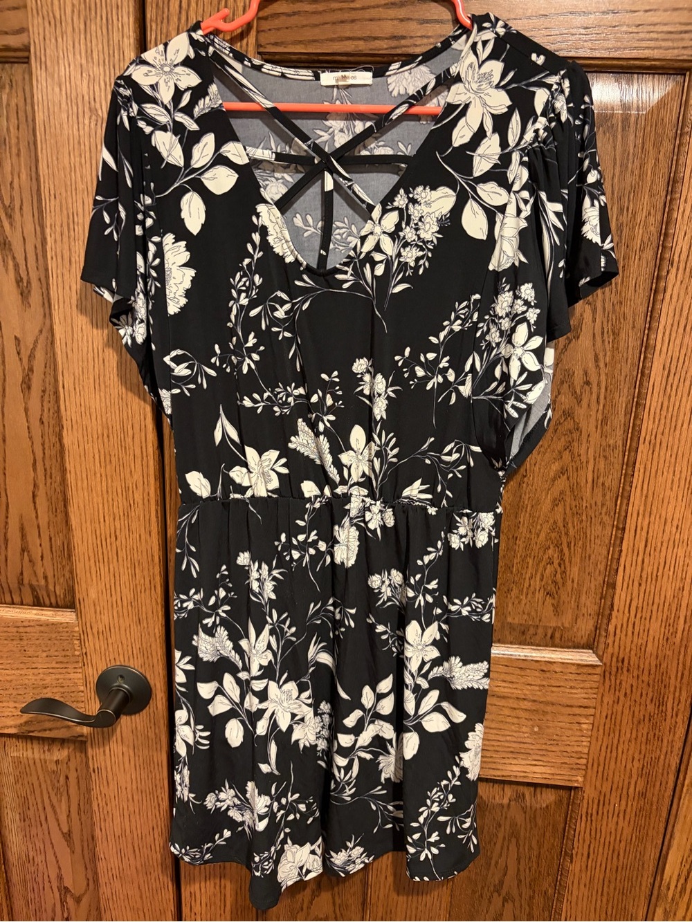 Maurices Black Floral Short Sleeve Dress with Crisscross Neck